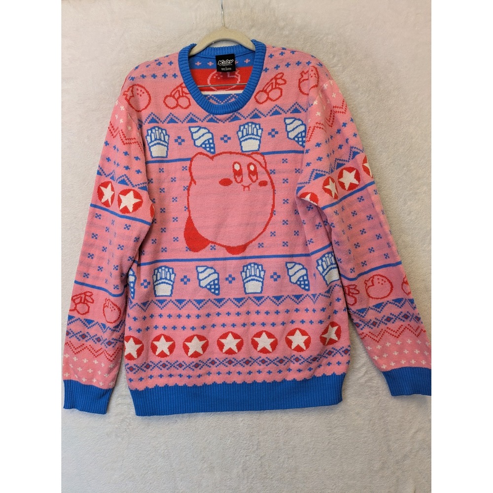 Kirby Nintendo Mens Size L Pink and Blue Fair Isle Ugly Christmas Sweater Gamer